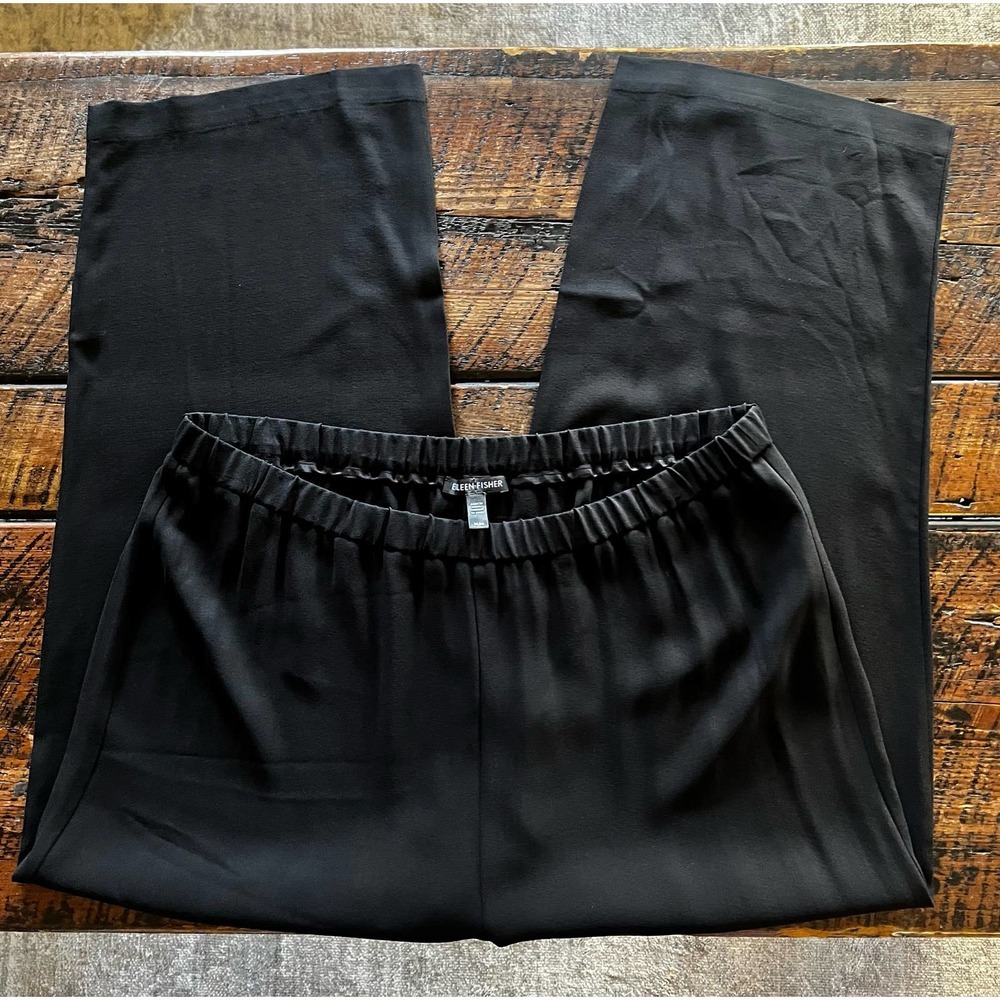 Eileen Fisher Black Wide Leg Elastic Waist Pull on 100% Silk Pants Size …